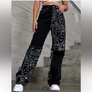 Cartoon Pattern Raw Hem Patched Jeans